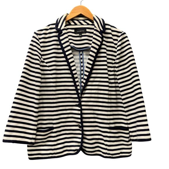 Talbots Blazer Womens Large Blue White Stripe Coastal Nautical Cotton Blend - Picture 1 of 9